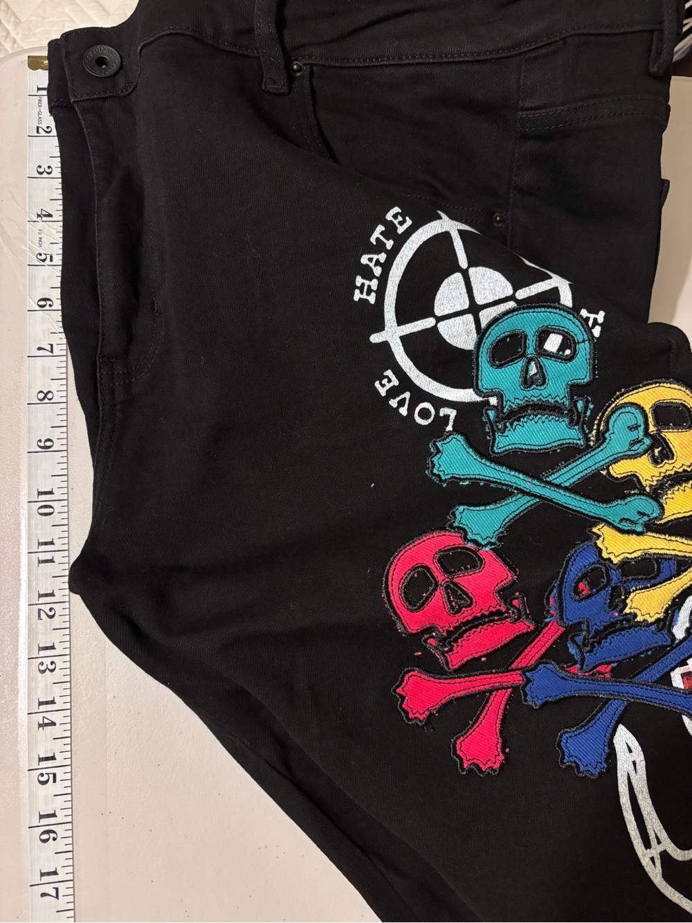 Crysp Denim Y2K Black Jorts Size 42 Ethmoid Skull Patch Jean Skinny Streetwear - Picture 7 of 11